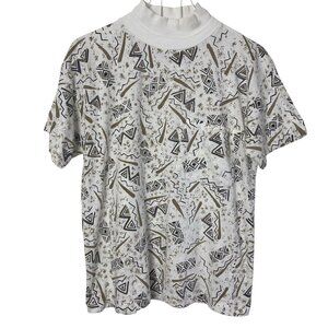 Vintage 90s OHI Mock Neck Tee Womens Medium White Gold Geometric New Wave